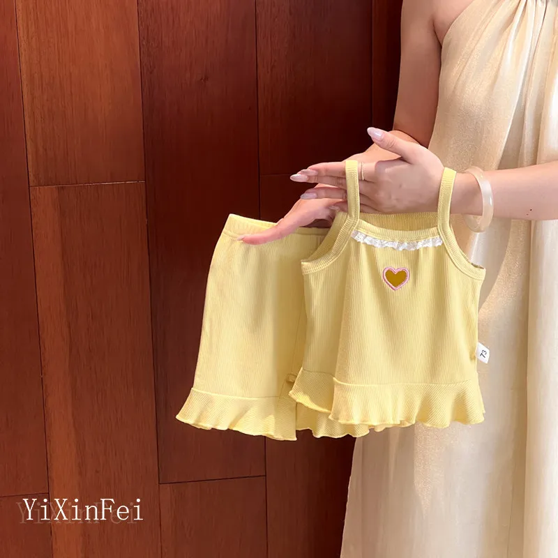 2026 Summer New Girls Sleeveless Clothes Set Cute Baby Girl Heart Sling Vest + Shorts 2pcs Suit Cotton Toddler Outfits