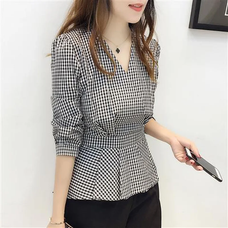 Korean Fashion Ruffles Folds Lattice Blouse Woman 2022 Summer New Casual Commute All-match V-Neck 3/4 Sleeve Pullover Shirts