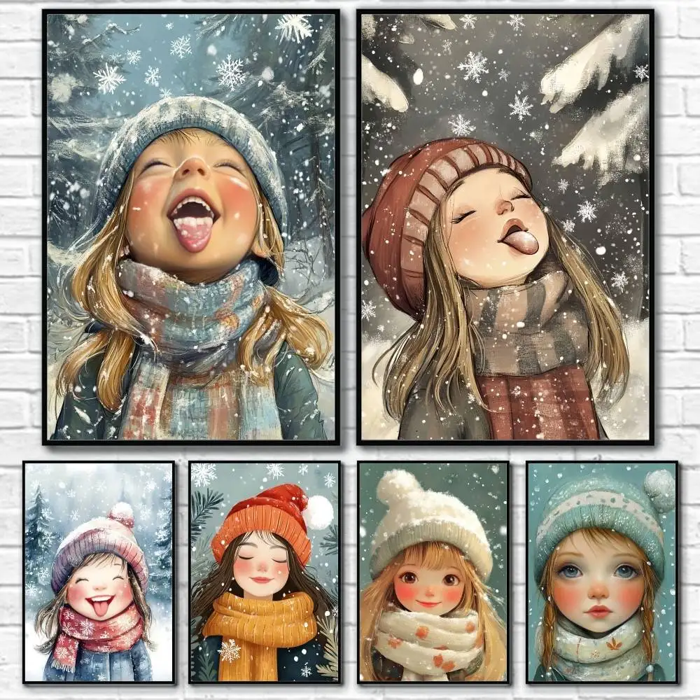 

Cute Girl Winter Christmas Poster Home Living Bed Room Bar Hallway Sticky Wall Art Printing Waterproof Aesthetic Decor