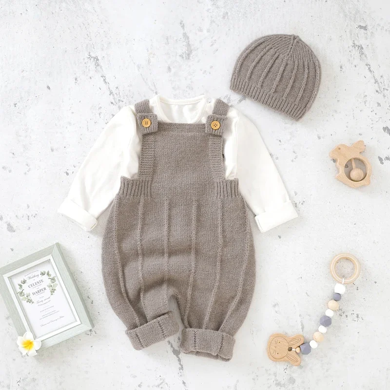 Boys Girls Sleeveless Jumpsuits Caps Outfit 0-18m Newborn Baby Rompers Hats Clothes Autumn Solid Knitted Toddler Infant Playsuit