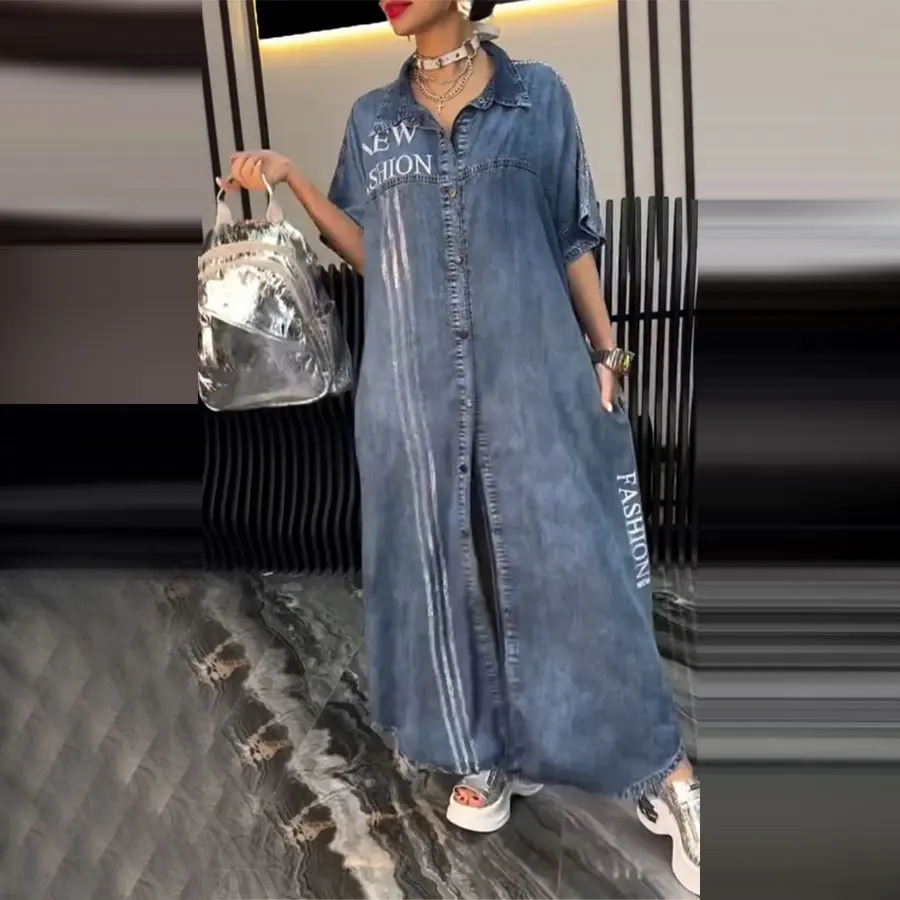 2025年ホットな新作 春秋 カジュアル レディース シャツワンピース ファッション レタープリント 襟付き 半袖 シングルブレスト ルーズワンピース