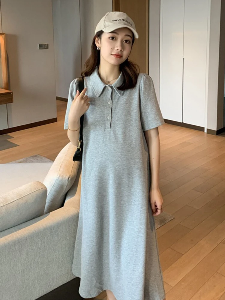 

Pregnant Women Summer Cotton Dress Maternity Lapel Short Sleeve Dress Pregnnacy Knitting Dress Stretched Clothes Concise Style