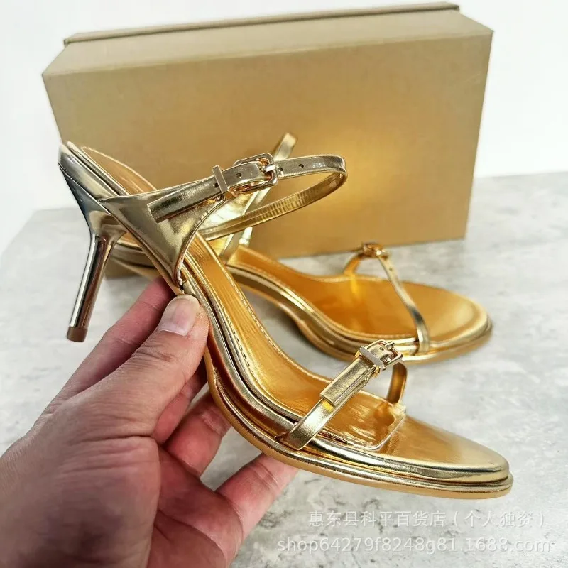 

Women Sandals Temperament Gold High Heeled Sandals Fashion Double Belt Metal Designer Stiletto High Heel Sandals Sandalias Mujer