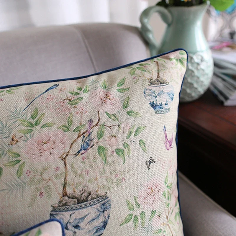 Reversible 45x45cm Cushion Cover Retro Cotton-Linen Floral Front & Deep Blue Velvet Back, Elegant Piped Edge Pillowcase for Home