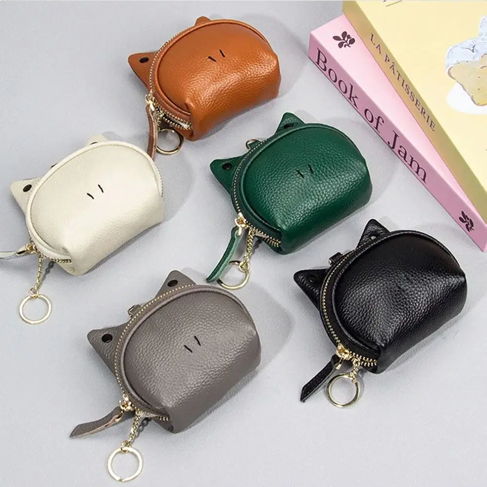 Monedero de cuero genuino con cremallera duradera, llavero de almacenamiento de efectivo, bonito monedero, tarjetero, bolsa de cambio multifuncional, regalo