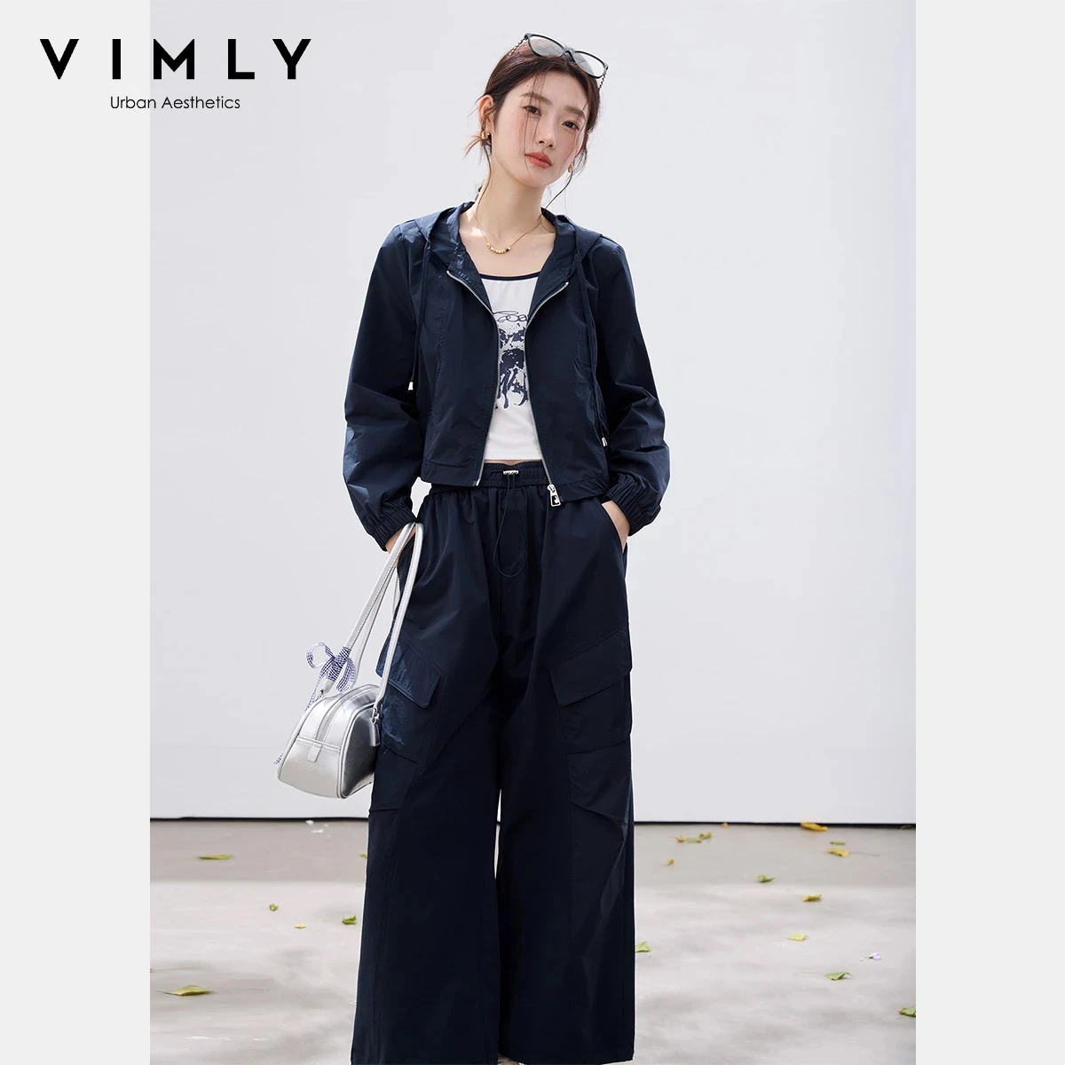 

VIMLY Women's Tracksuit 2026 Spring New Utility Cargo Style Printed Tank Top Hooded Jacket Wide Leg Pant Set 3 Piece Woman 30723