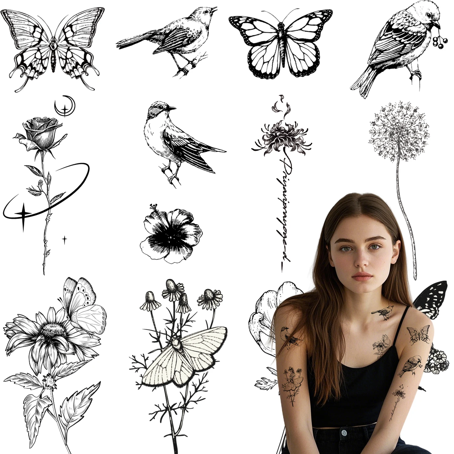 10 sheets Black Butterfly Temporary Tattoos for Women-flowers butterflies Hummingbird swallow Rose Temporary Tattoos Waterproof