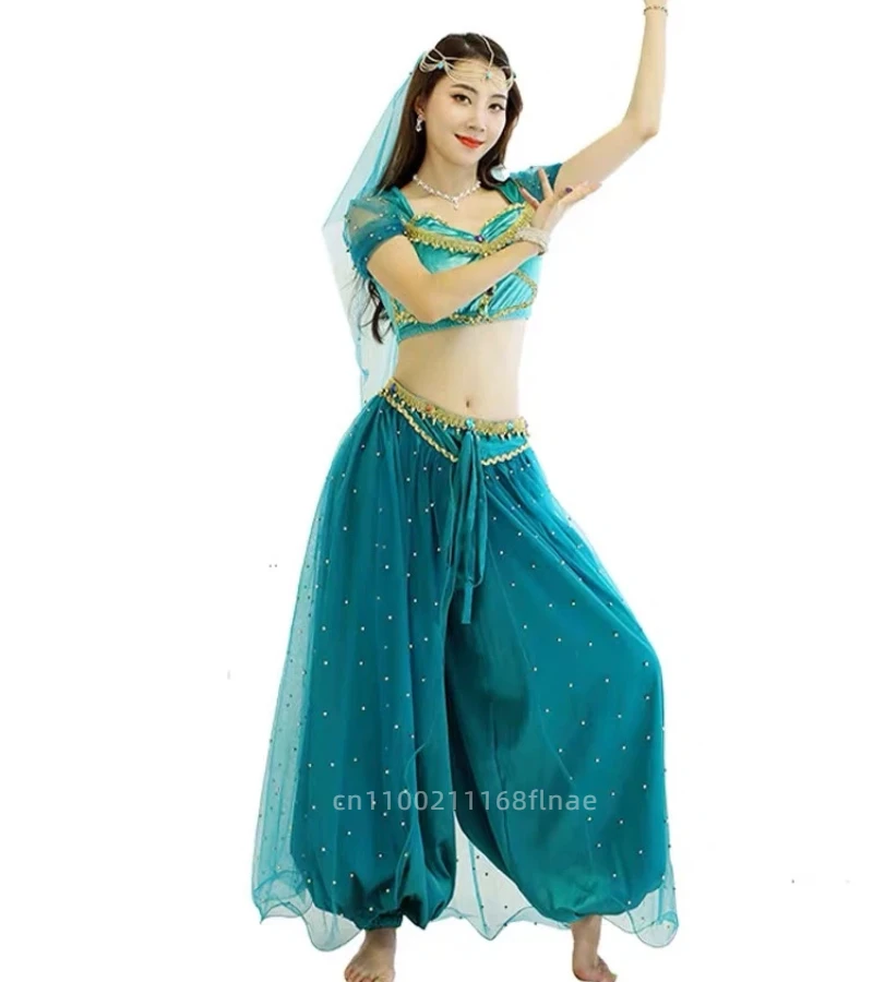 Disfraz de danza del vientre para mujer adulta, conjunto de princesa de Anime de Halloween para actuaciones en escenario y fiestas, conjunto de 4 piezas