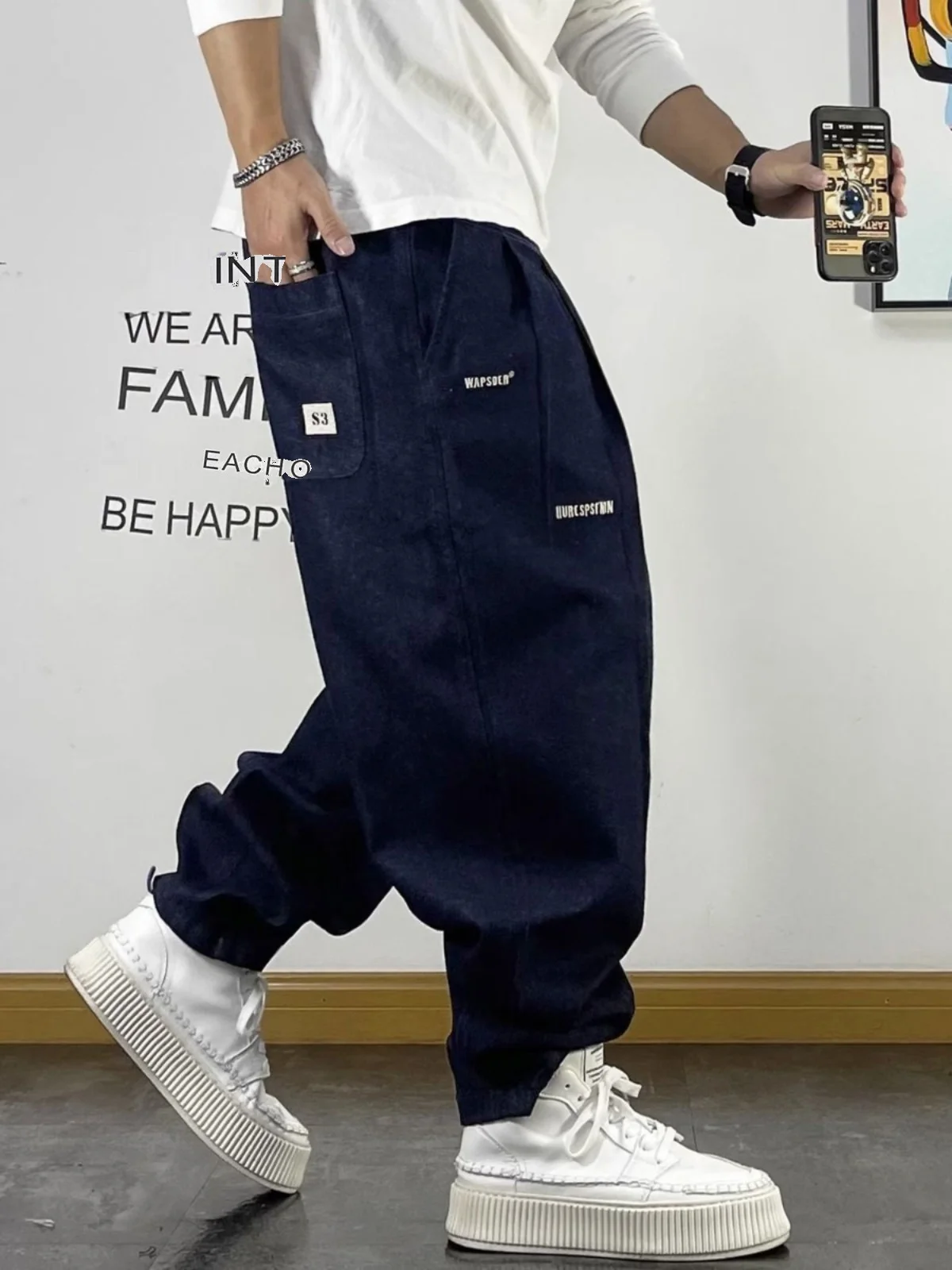 

plus Size 300 Pounds American Retro Washed Denim Jeans Men's Spring Autumn Loose Letter Embroidery Casual Wide Leg Harlan Pants