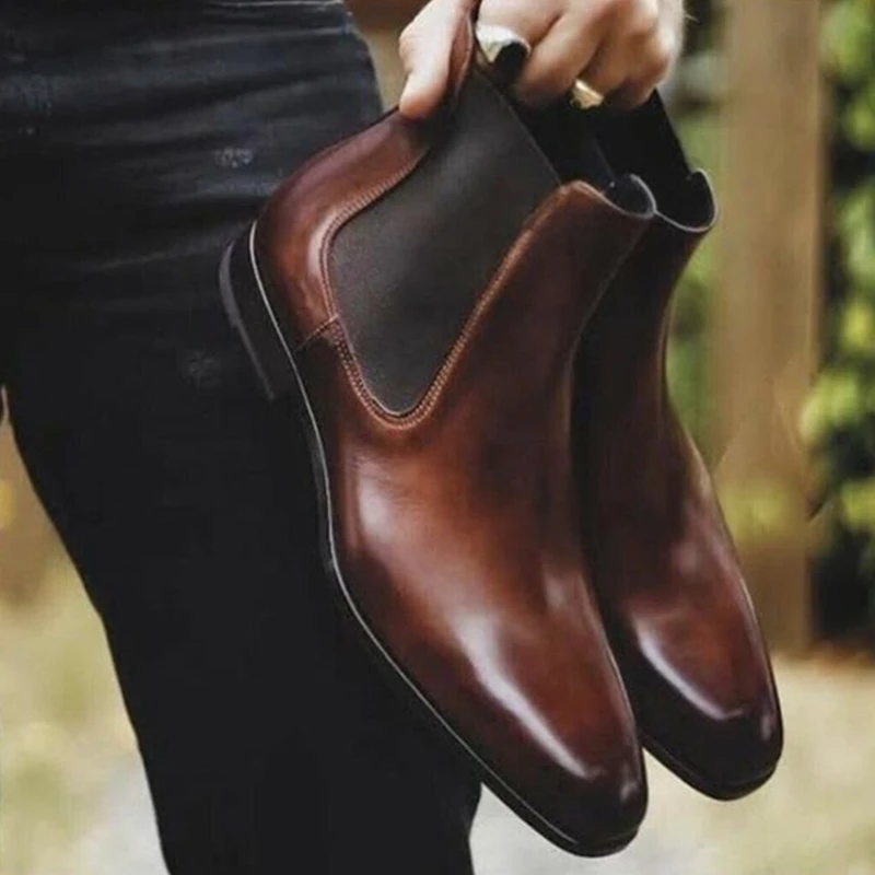 Brown Men Chelsea Boots Business Men Short Boots Slip-On Round Toe Black  Boots for Men Botas De Trabajo Hombre