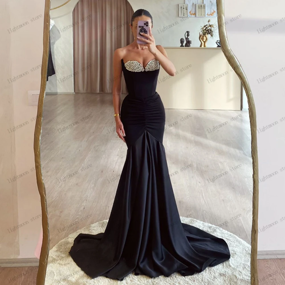 Charming Evening Dresses Elegant Prom Dress Sequin Appliques Sexy Strapless Backless Satin Robes For Celebrity Vestidos De Noche