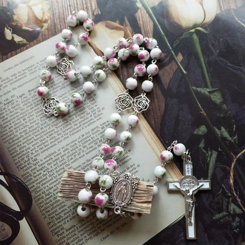 F68D Ceramic Rose for Cross Rosary Necklace Alloy Long Bead Chain Pendant Ornament for Home Church Yoga Studio Decoration Gif