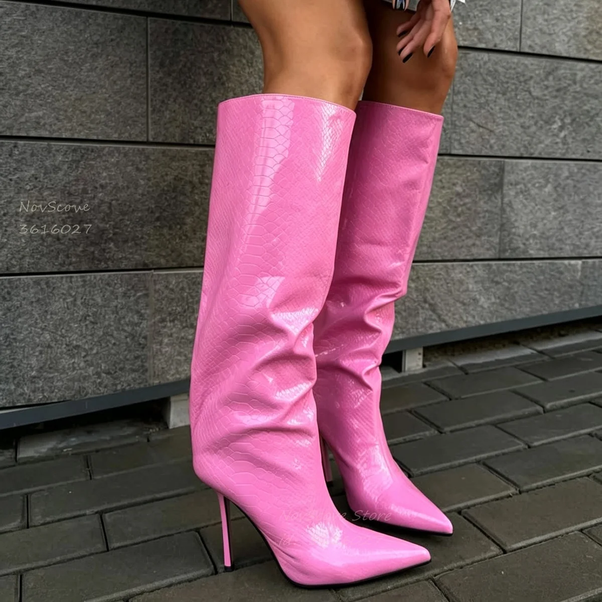Pink Pointy Toe Knee High Booties Crocodile Print Leather Stiletto High Heels Autumn Sexy Women Classic Long Booties