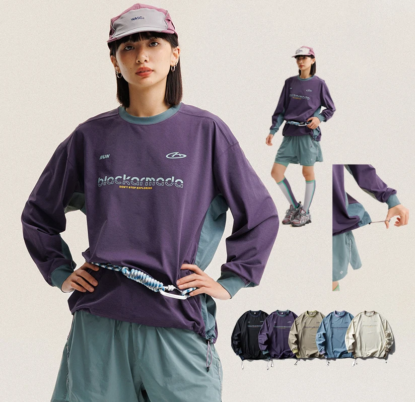 Vintage Contrast Crew Neck Long Sleeve Tee Quick Dry Lightweight Drawstring Hem Streetwear Printed Tshirt For Men Women