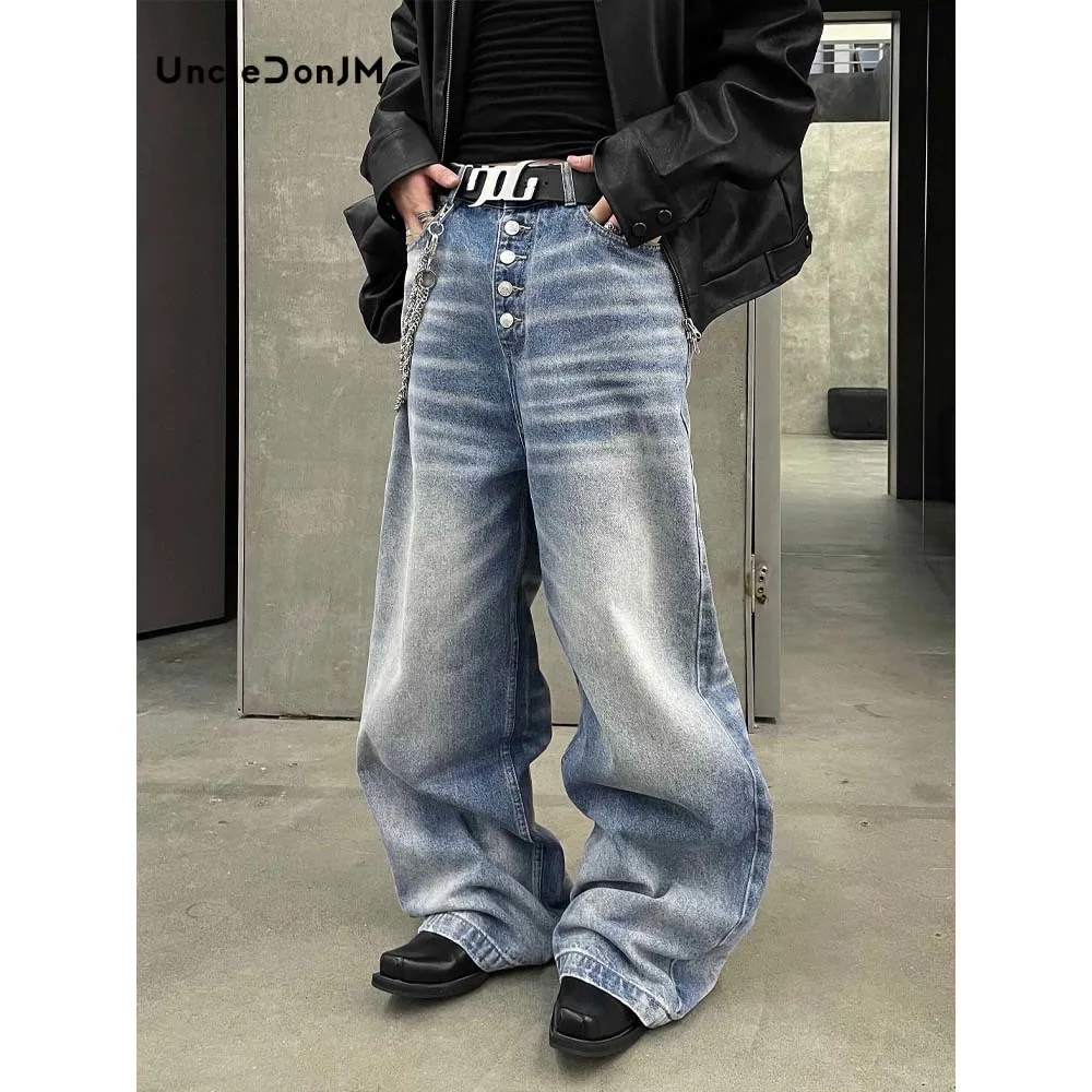 Washed Button Design Loose Straight Jeans Casual Silhouette Wide-leg Floor-mopping Pants Baggy Jeans