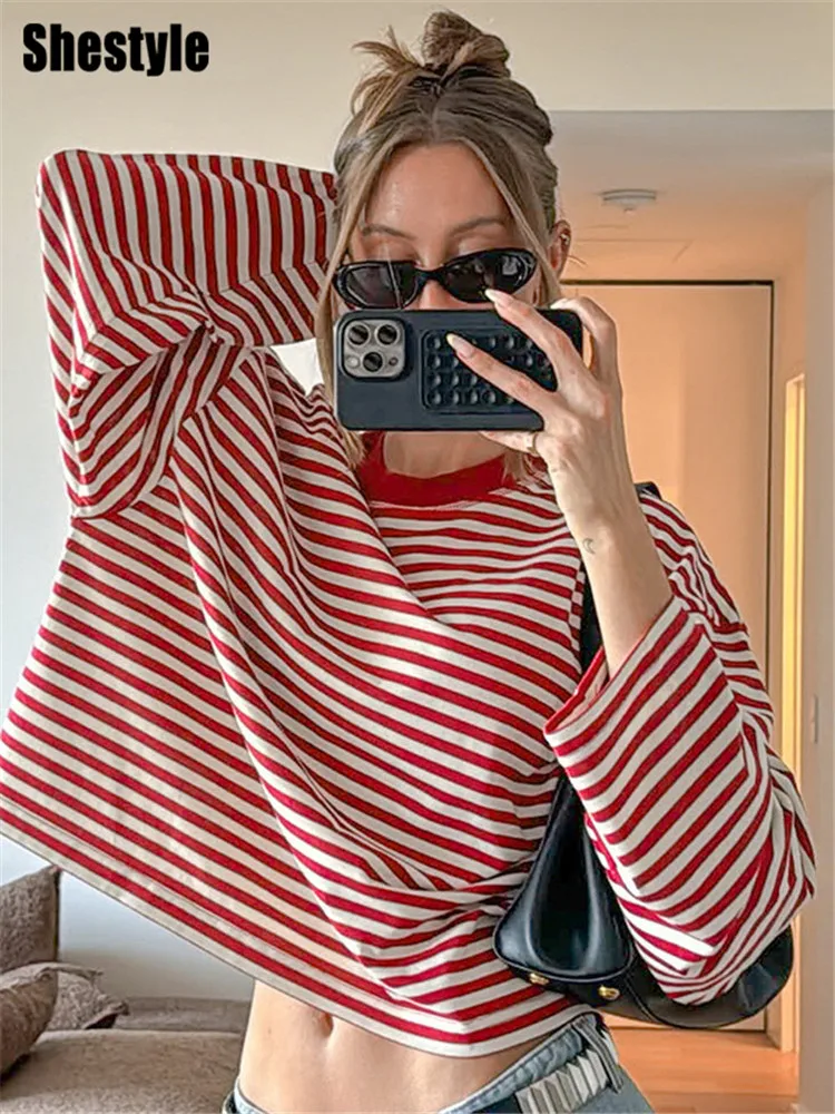

Shestyle Women Leisure Striped T-Shirts Women Loose Crew Neck Streetwear Long Sleeve Casual Fashion Tops Pullover Athleisure