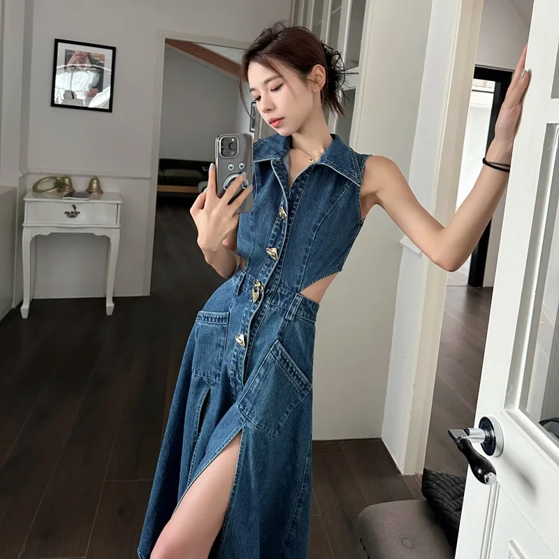 Imagem -03 - Nova Y2k Cyber Denim Vestido Kpop Algodão Mulheres Bolsos Midi Bodycon Fada Sundress Chique Cinta de Espaguete Cowboy Vestidos Gerais 2023