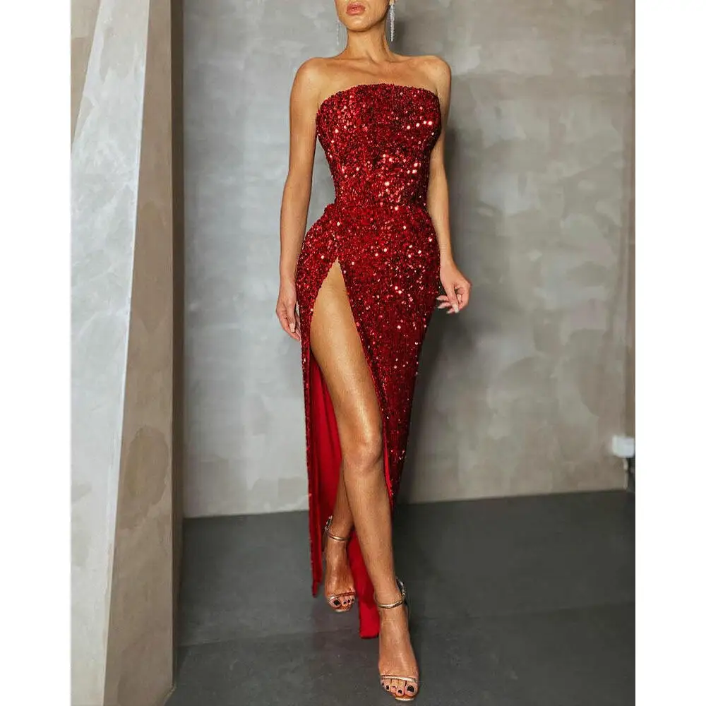 Robe de soirée Sexy fendue, asymétrique épaule dénudée, Bustier embelli de perles, Station indépendante, jupe asymétrique taille haute