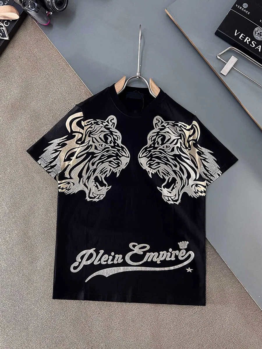 AlexPlein Tiger Rhinestones Diamond Men\'s Fashion Clothing Quality 100% Cotton Streetwear Round Neck Shortsleeve Tshirt 2022SS