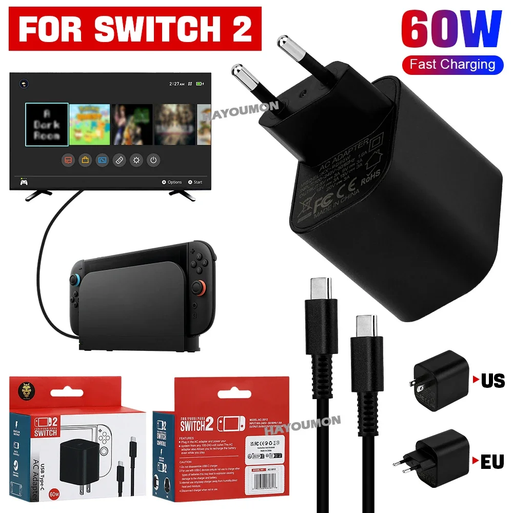 Adaptateur secteur prise ue/US, chargeur rapide pour Console de jeu NS Switch 2, charge 60W, alimentation USB TypeC, câble de chargeur mural, accessoire