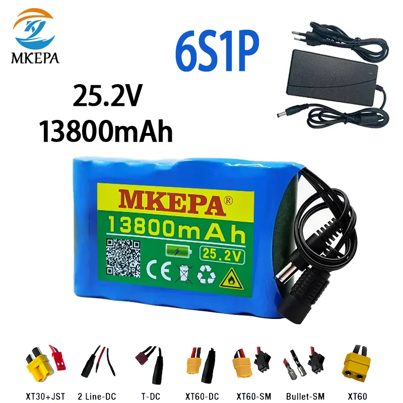 18650 6S1P rechargeable lithium battery pack, 25.2 V 13800mAh suitable for electric bicycles, scooters, BMS+charger products