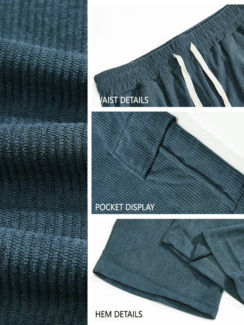 Herren Cord-Cargohose mit Elastischem Bund und Kordelzug, Lässige Hose mit Seitentaschen, Gerades Bein für Frühling und Herbst – Detail 8