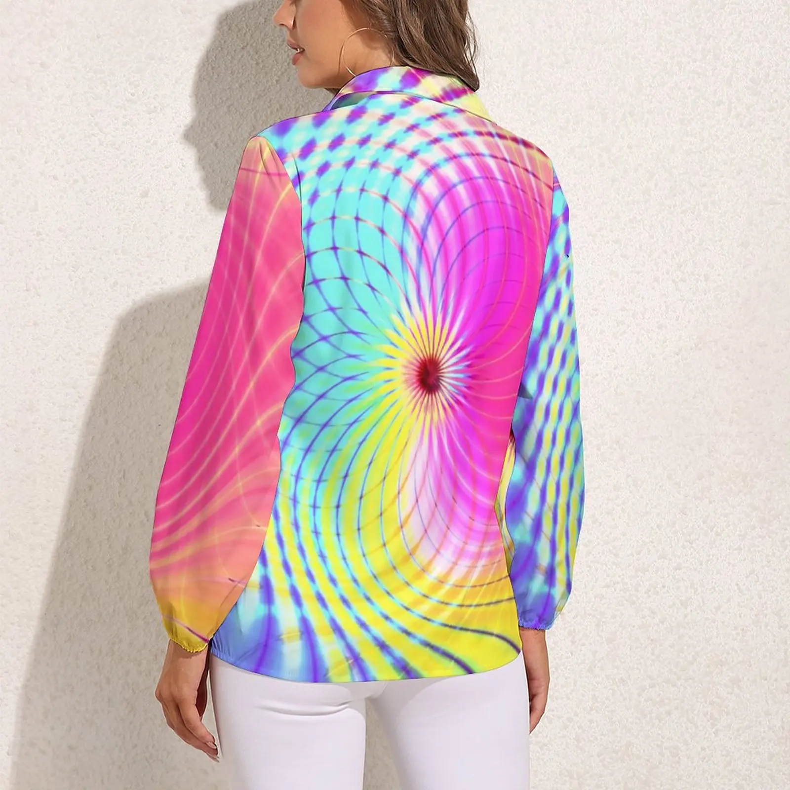 Trippy Hippie Loose Blouse Light Green and Pink Casual Oversized Blouses Woman Long-Sleeve Aesthetic Shirt Summer Graphic Top