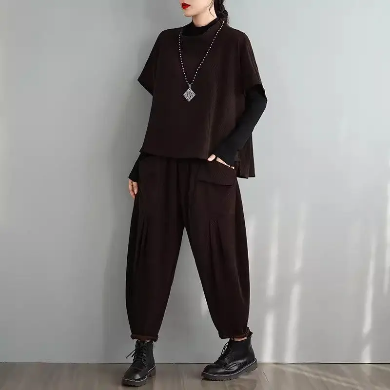 Mode großes Set für Frauen neue Herbst koreanische Harems hose Stehkragen Halbarm Pullover Top zweiteiliges Outfit k2270