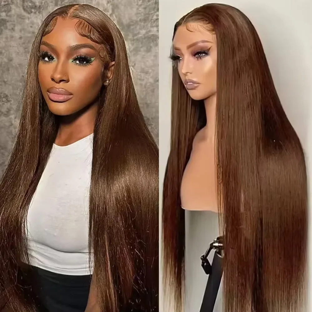 

#4 Chocolate Brown Lace Front Wig Human Hair 13x6 HD Transparent Lace Frontal Wig 200 Density Straight Pre Plucked Baby Hair