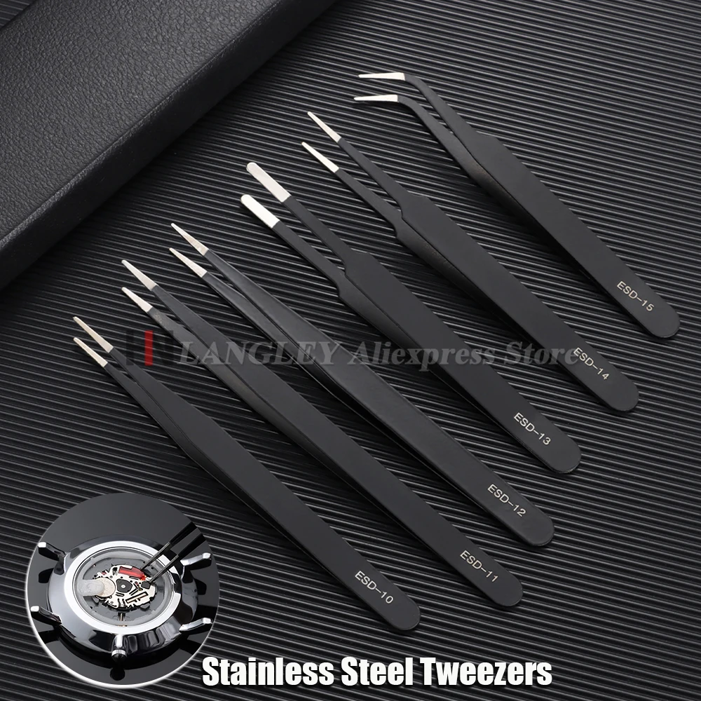 6pcs/set Portable Watch Repair Tools Anti-Static Stainless Steel Tweezers Clamping Tool Straight Bend for Watchmaker Accessories