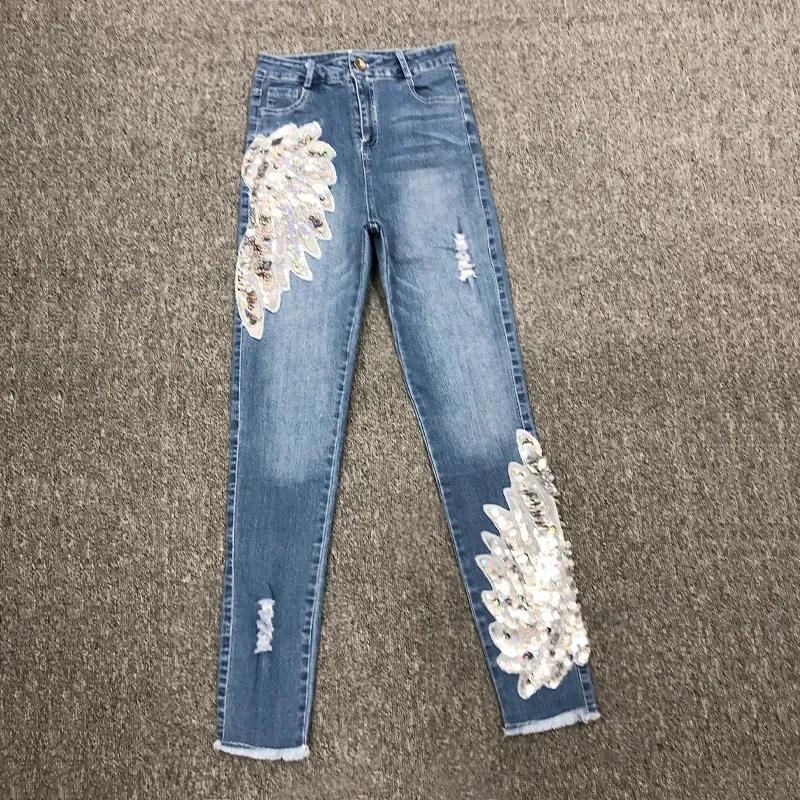 White Sequin Phoenix flower Denim Pants For women\'s 2024 New Korean Slim Elastic Pencil Skinny Jeans Female Ankle length Pants