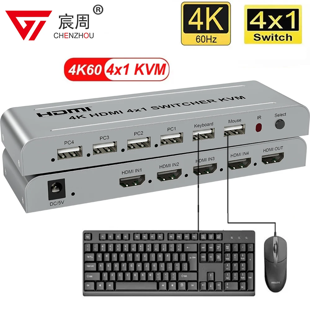 4K 60hz 4x1 HDMI KVM Switcher 4 In 1 Out Audio Video Converter USB Keyboard Mouse Control 4 Laptop PC , Computer To TV Projector