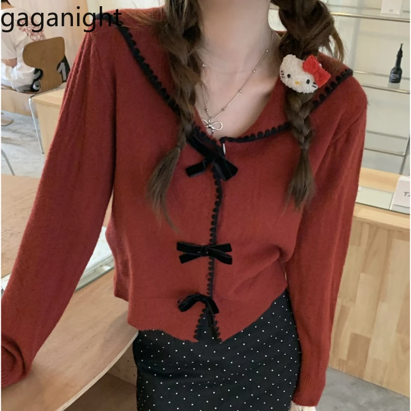 Gaganight Women Navy Collar Sweater Coat 2024 Spring Autumn Women's Autumn Academy Style Bow Knitted Cardigan Unique Short Top