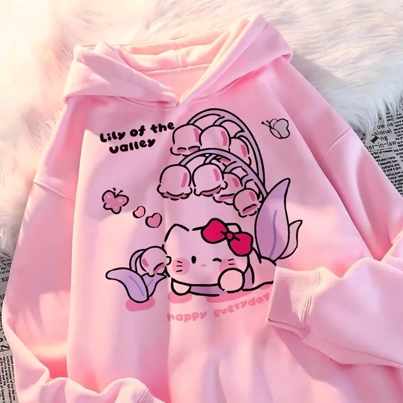 

Classic HelloKitty print hooded loose long sleeved sweatshirt versatile and casual, suitable for girls' hoodies