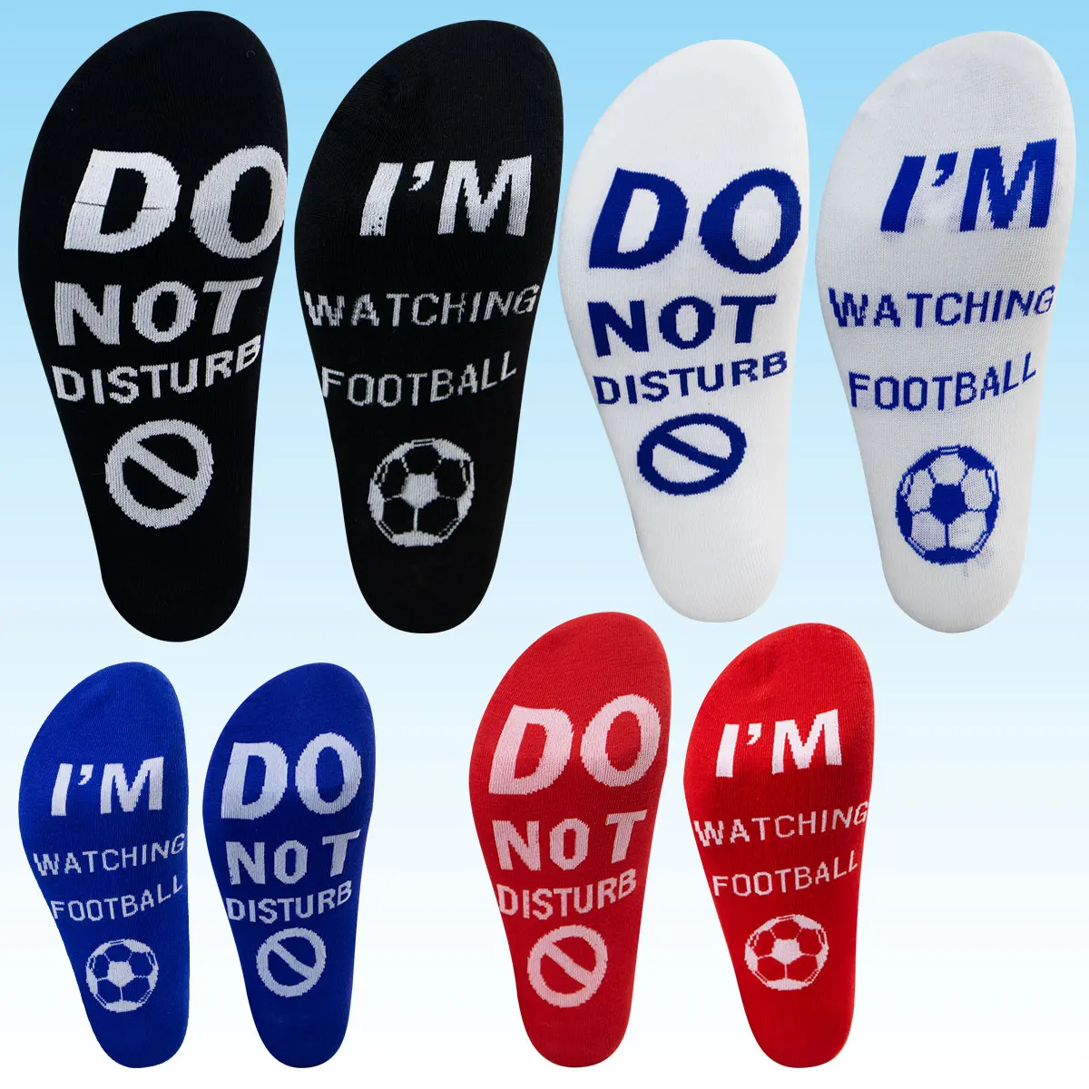 1 pair of new sports socks with letters on the soles of the feet. I want to watch the game. Don't disturb me