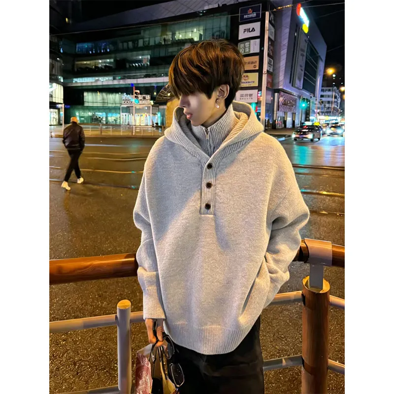 Men's Fake Two piece Turtleneck Hooded Sweater High-end Texture Soft Warm Comfort Casual Versatile Solid Color Pullover Knitwear
