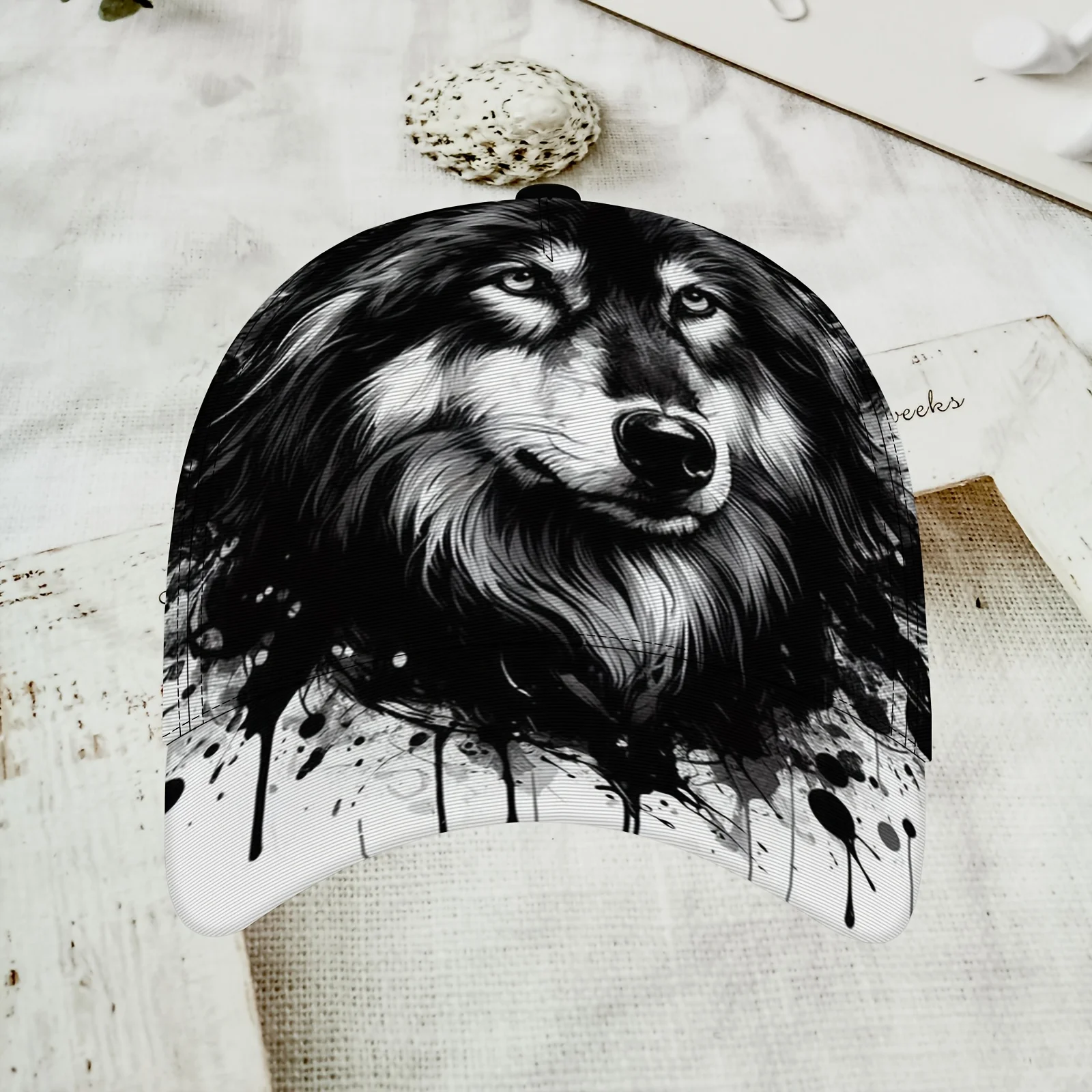 Monochrome Wolf Ink Splatter Print Baseball Cap Wildlife Art Pattern Adjustable Dad Hat Breathable Sun Hat for Streetwear