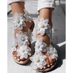 Outdoor Summer Fashion Women Toe Ring Flower Design Flat Sandals Going Out Pink Shoes Ankle Strap Casual Elegant Sandals