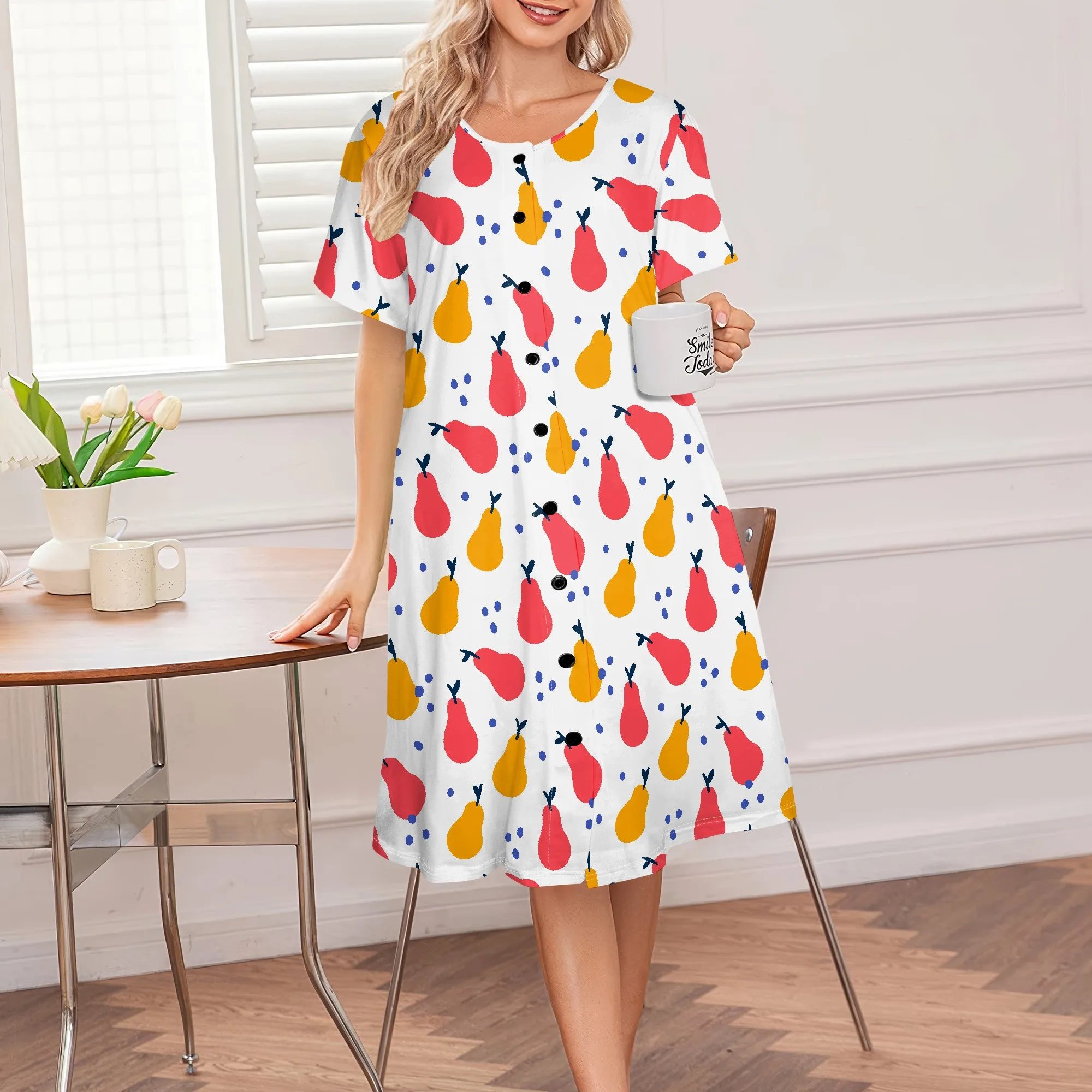 

Women's Boho Dress Summer Round Neck Short Sleeve with Decorative Buttons for Casual Work