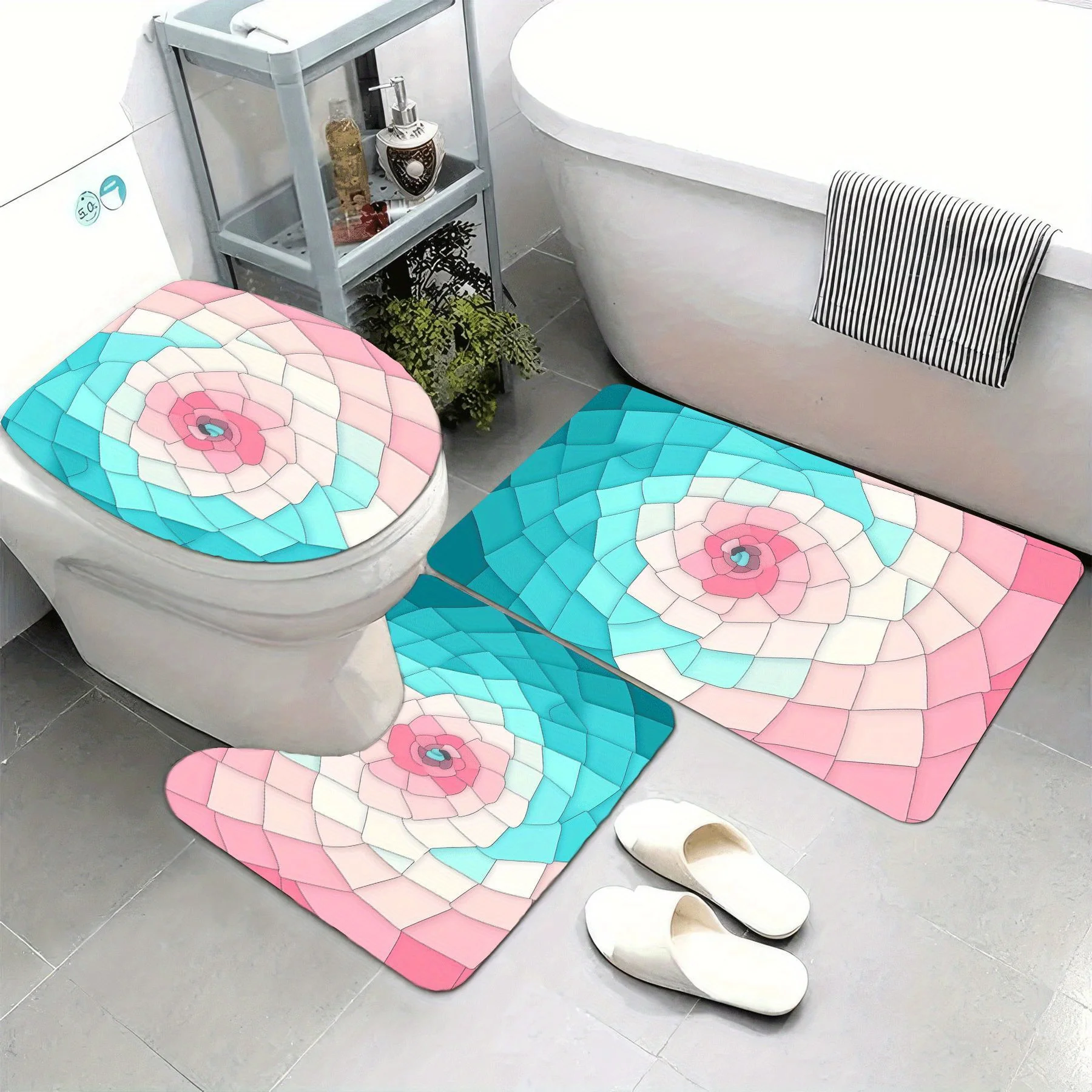 

Набор из 3 супермягких ковриков для ванной комнаты, впитывающие, с нескользящей подложкой, бирюзово-белые и розовые витражи, абстрактное искусство