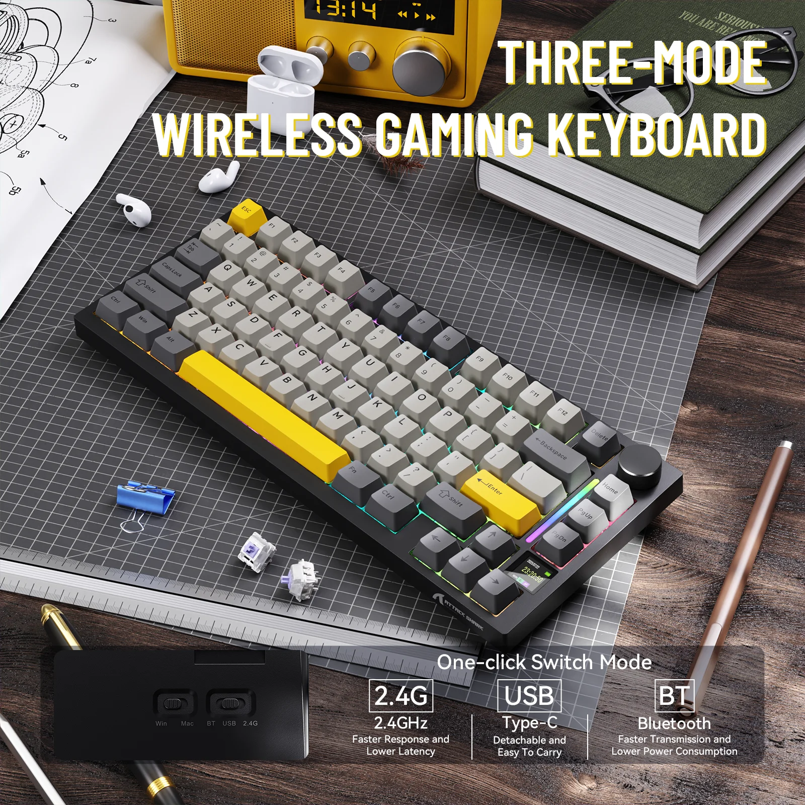 New ATTACK SHARK X820 75% Ultra Wireless Mechanical Keyboard with TFT Smart Display & Knob, Hot Swappable, RGB South Facing LED