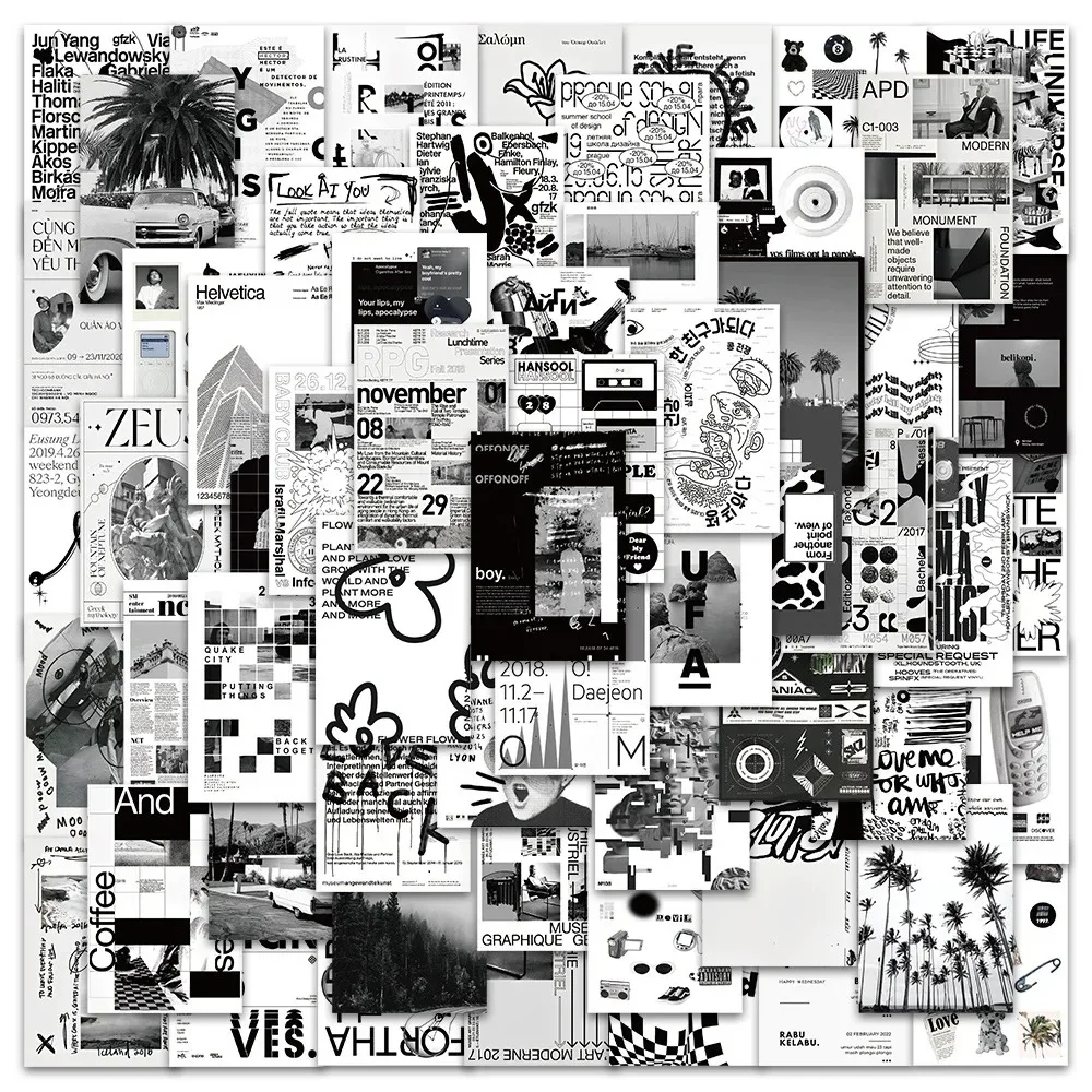 60PCS  Cool Black White Art Graffiti Stickers Ins Style Poster Sticker for Phone Computer Notebook Stationery DIY Toys Secret