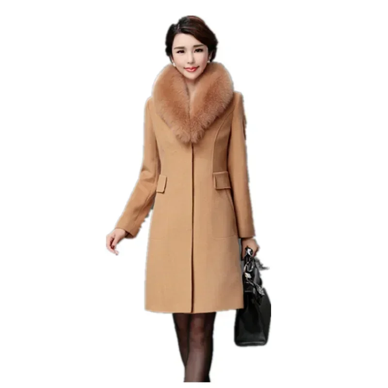 Autumn Winter High End Fashion Slim Was Thin Woolen Coat Faux Fur Fur Collar Slim Was Thin Mid-length Coat Women Coat