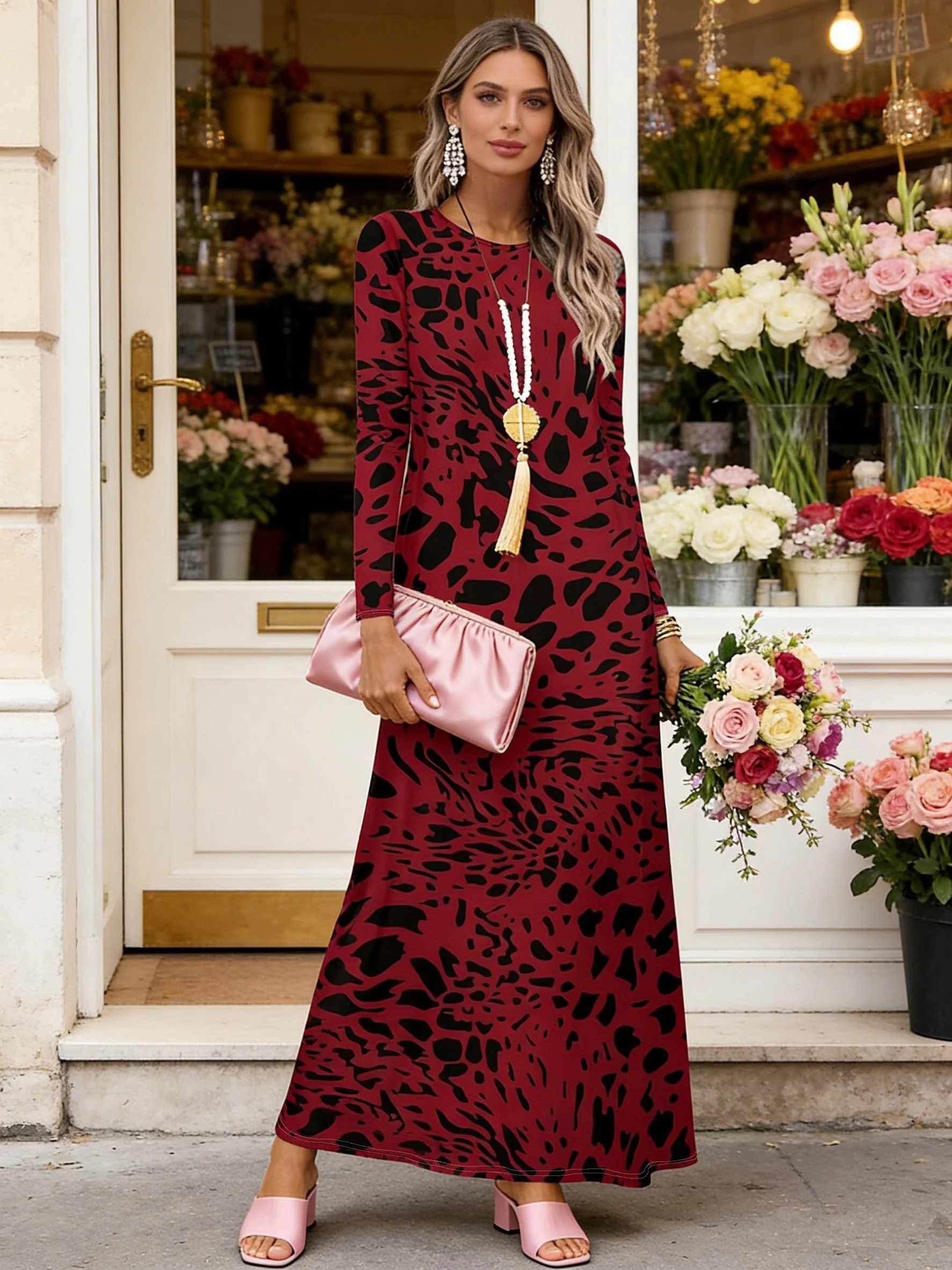 Rotes Leopardenmuster Langarm Rundhals Freizeitkleid für Damen 2024 Mode A-Linie Bodycon Midikleid Trendiges Büro-Party-Kleid