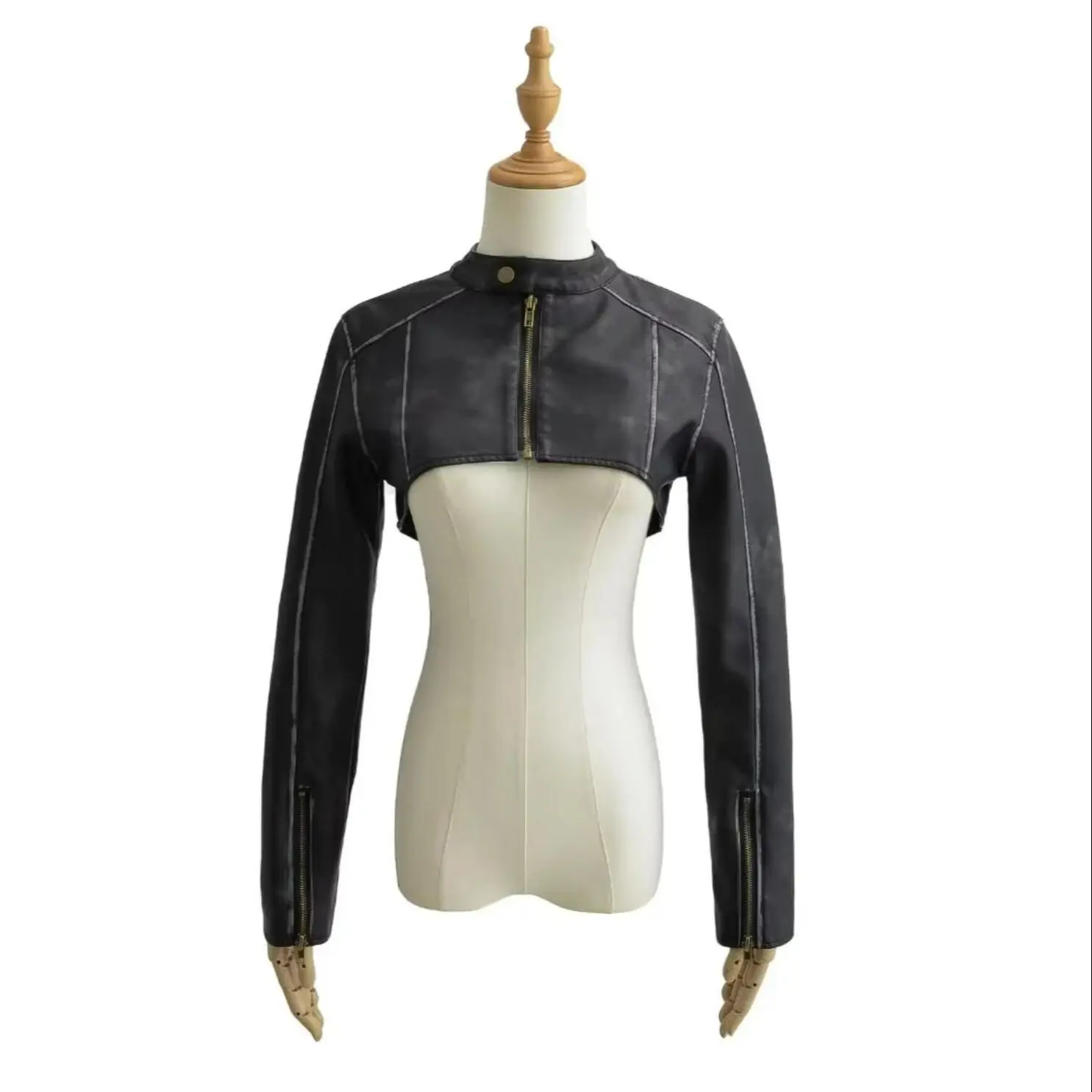 2023 Cool Women Vintage Washing Black Cropped PU Leather Jacket American Retro Full Sleeve Coat High Waist Short Outwear