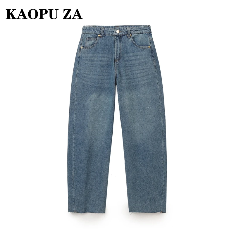 KAOPU ZA 2024 Women's High Waist Straight Jeans with Button Zipper Pockets Elegant Lady Commuter Streetwear Loose Denim Pants