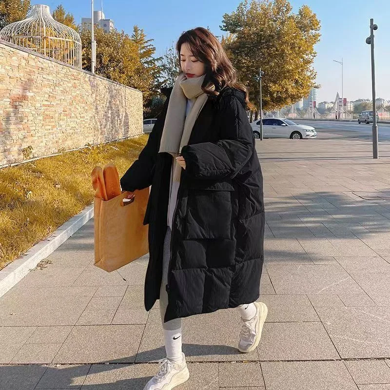 Winter 2024 New Fashion Thickened Loose Cotton-padded Coat Women's Winter Clothes Warm Over The Knee Long Coat Hooded Padded Top