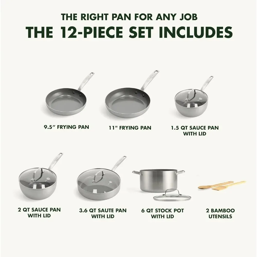 Oven Safe Pot Set Chatham Tri-Ply Stainless Steel Healthy Ceramic Nonstick 12 Piece Cookware Pots and Pans Set Induction Silver