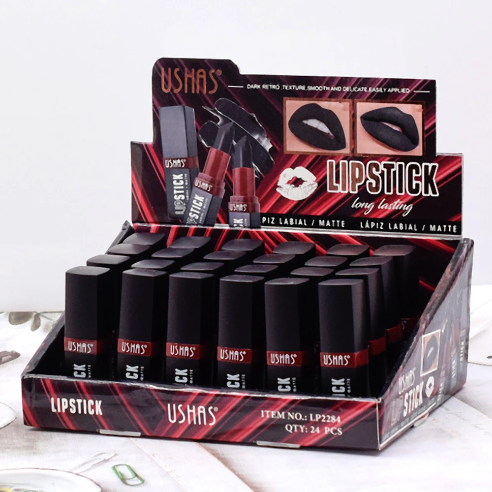 24 Pçs/lote Cor preta Matte Batom Halloween Cosplay Lip Pigment Maquiagem Impermeável Long Lasting Velvet Lip Stick Cosméticos