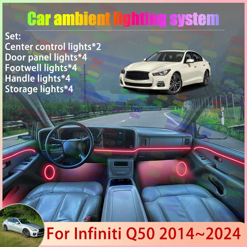 

Для Infiniti Q50 2014 ~ 2024 V37 Nissan Skyline 2/24 в 1, автомобильная атмосферная лампа, RGB абажур, ансамбль, стример, атмосферный набор